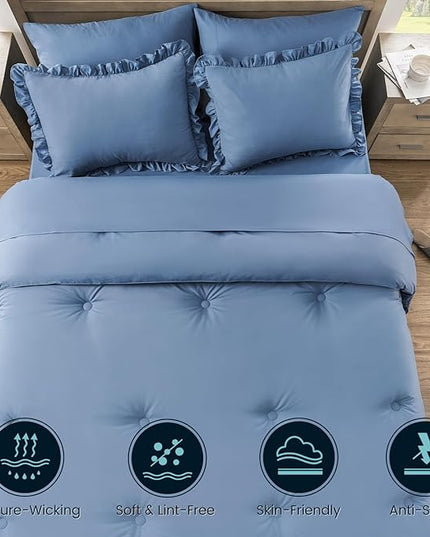 Full Bed in a Bag 7 Pieces Full Size Comforter Set, Ruffle Shabby Chic Bedding Comforter Set Blue Bed Set with Comforter, Pillowcases, Flat Sheet, Fitted Sheet and Pillow Shams - LeafyLoom