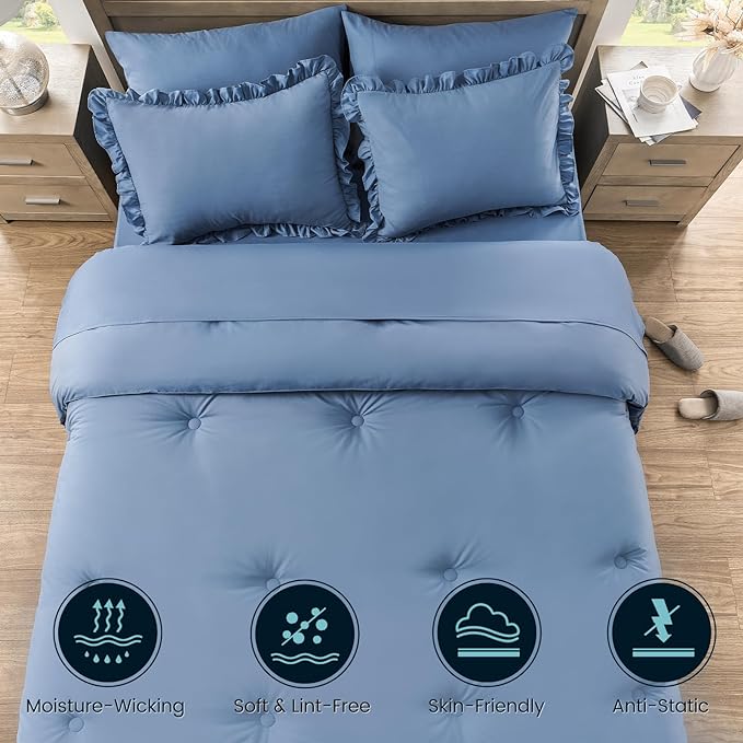 Full Bed in a Bag 7 Pieces Full Size Comforter Set, Ruffle Shabby Chic Bedding Comforter Set Blue Bed Set with Comforter, Pillowcases, Flat Sheet, Fitted Sheet and Pillow Shams - LeafyLoom