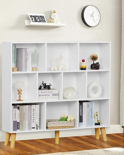 YAHARBO 10 Cube White Bookshelf,3 Tier Book Shelf with Legs,Modern Minimalist Bookcase,Open Book Shelves Storage Organizer,Frees Standing Wooden Display Bookcases for Small Space,Bedroom,Living Room - LeafyLoom