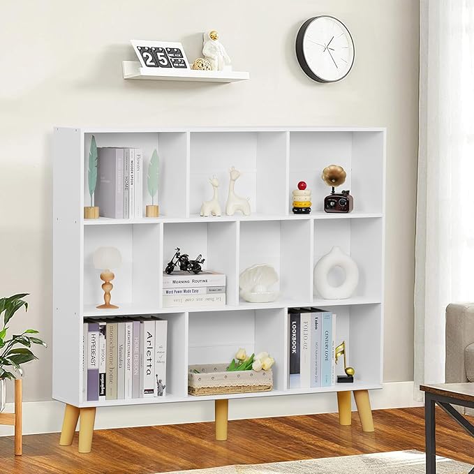 YAHARBO 10 Cube White Bookshelf,3 Tier Book Shelf with Legs,Modern Minimalist Bookcase,Open Book Shelves Storage Organizer,Frees Standing Wooden Display Bookcases for Small Space,Bedroom,Living Room - LeafyLoom