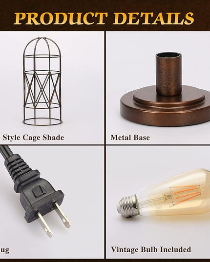 Small Touch Lamp, Industiral Table Lamp with Antique Bronze Cage, 3 Way Dimmable Bedside Lamp Vintage Nightstand Lamp Steampunk Edison Lamp for Bedroom Living Room Kitchen, LED Bulb Included - LeafyLoom