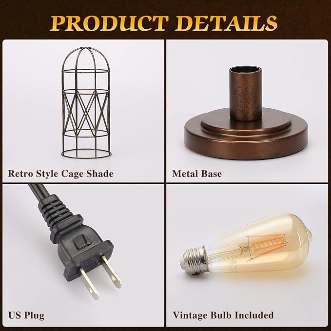 Small Touch Lamp, Industiral Table Lamp with Antique Bronze Cage, 3 Way Dimmable Bedside Lamp Vintage Nightstand Lamp Steampunk Edison Lamp for Bedroom Living Room Kitchen, LED Bulb Included - LeafyLoom