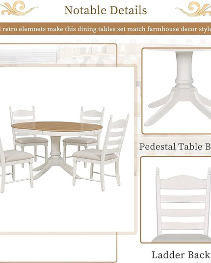 NicBex Round Dining Table Kitchen & Dining Room Tables 5-Piece Retro Functional Dining Table Set Wood Round Extendable Dining Table and 4 Upholstered Dining Chairs, Off White - LeafyLoom