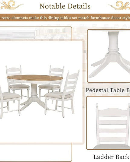 5 Table, Vintage-Inspired Piece Round Wood Extendable Dining Set-includes 4 Cushioned Chairs for Kitchen Living Room, Off White - LeafyLoom