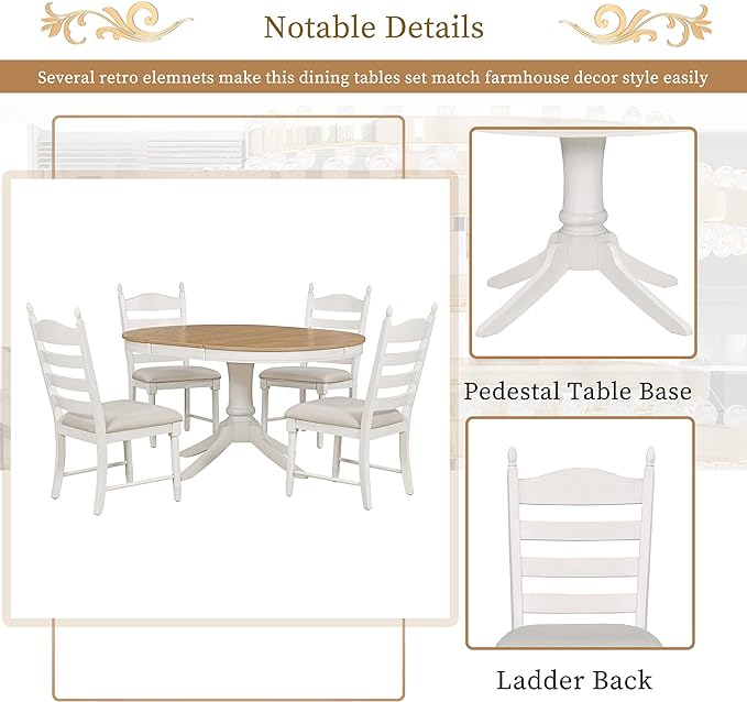 5 Pieces Kitchen & Dining 4 with Round Extendable Table and Four Upholstered Chairs, Retro Rustic Style Home Furniture Tαble Sets Breakfast Corner for Small Spaces, Living Room, White - LeafyLoom