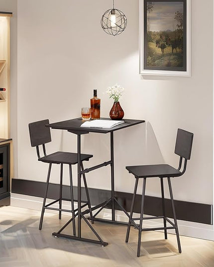 VECELO 3-Piece Bar Table Chairs, Square Counter Height Bistro Dinette Sets with 2 Barstools for Kitchen, Breakfast Nook, Small Spaces, Black - LeafyLoom