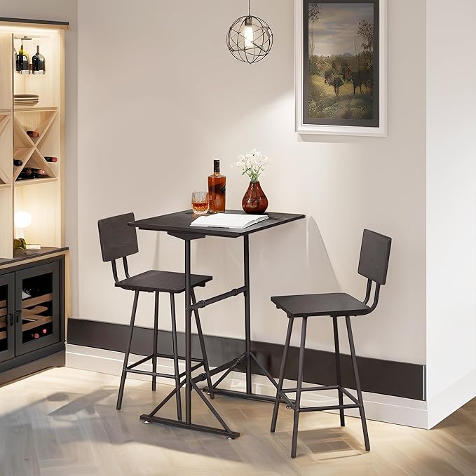 VECELO 3-Piece Bar Table Chairs, Square Counter Height Bistro Dinette Sets with 2 Barstools for Kitchen, Breakfast Nook, Small Spaces, Black - LeafyLoom