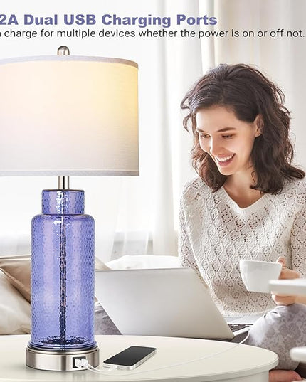 QiMH Table Lamps for Bedrooms Set of 2, Blue Glass Beside Lamps for Living Room with Touch Control USB Ports, 26" Large Modern Coastal Nightstand Lamp White Shade Home Decor(LED Bulbs Included) - LeafyLoom