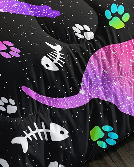 Cute Cat Comforter Kids Bedding Set Full,3Pcs Soft Paw Fish Bone Print Quilt Set Bed in A Bag with 1 Comforter 2 Pillowcases for Kids Boys Girls Teens Adults Room Decor All Season Gradient Purple Blue - LeafyLoom