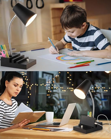Study Desk Lamp with USB Charging and Type-C Night Light, Gooseneck LED Table Lamp Stepless Dimming Study Table Lamp with Pen Holder for College Dorm Bedroom and Office (Black) - LeafyLoom