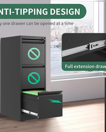 3 Drawer File Cabinet with Lock, Metal Vertical Filing Cabinets for Home Office, Steel Storage Cabinet for Hanging Legal/Letter Size Files, Assembly Required (Black) - LeafyLoom