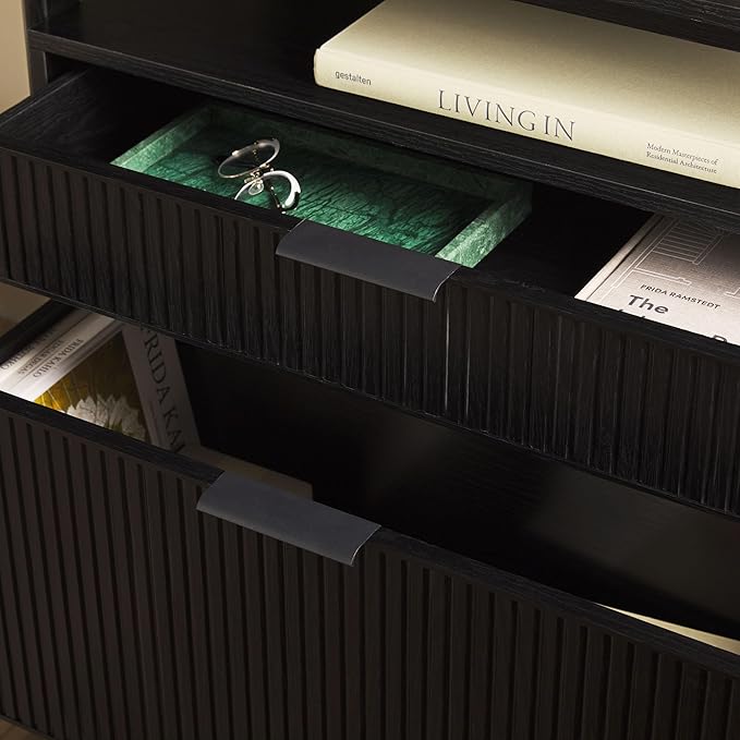 Walker Edison Modern Reeded 4-Shelf Bookshelf Bottom, 33 Inch, Two-Drawer Black - LeafyLoom