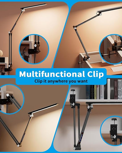 Space Saving LED Desk Lamps,Touch Adjustment 10 Color Temperatures &10 Brightness Eye-Caring Modes, Swing Arm Desk Light with Clamp，Lamp for Home Office 360° Spin Memory Function-Metallic Black - LeafyLoom