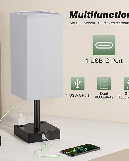 aooshine Black Base Gray Shade Set of 2 Touch Lamp with USB Port-Nightstand Lamp with USB-C+A Charge Ports& AC Outlets, 3-Way Dimmable Bedside Lamp, Small Table Lamp for Bedroom (Bulbs Included) - LeafyLoom