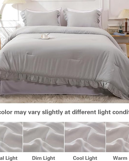 Gray Double Ruffle Comforter Set Queen Size (90x90 Inch), 3 Pcs Grey Farmhouse Vintage Comforter Set (1 Ruffled Comforter and 2 Pillowcase), Rustic All Season Down Alternative Bedding Set - LeafyLoom