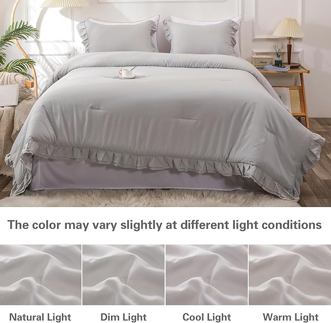 Gray Double Ruffle Comforter Set Full Size (79x90 Inch), 3 Pcs Grey Farmhouse Vintage Comforter Set (1 Ruffled Comforter and 2 Pillowcase), Rustic All Season Down Alternative Bedding Set - LeafyLoom