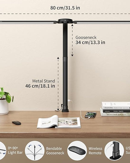 Led Desk Lamp with USB Charging Port Architect Task Dual Lamps for Home Office with Atmosphere Lighting, 24W Ultra Bright Modern Flexible Gooseneck Tall Table Light 5 Color Modes for Drafting Reading - LeafyLoom