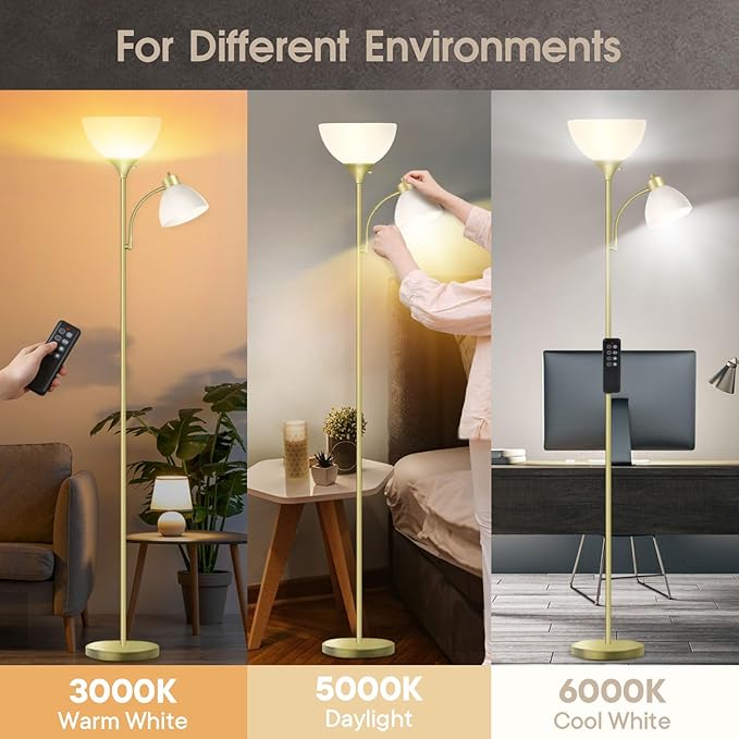 Led Floor Lamp, Super Bright 11W+7W 2100LM Torchiere Floor Lamps for Living Room, Stepless Adjustable 4 Color Temperatures 3000K-6000K with Remote Control for Bedroom(Golden) - LeafyLoom