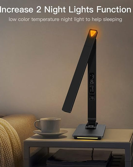 LED Desk Lamp with Wireless Charger, USB Charging Port, Sliding Dimmable Auto Timer Table Lamp with Night Light, Desk Lights with Clock for Study Reading Home Office - LeafyLoom
