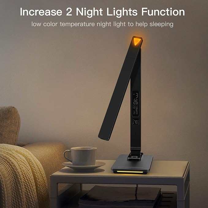 LED Desk Lamp with Wireless Charger, USB Charging Port, Sliding Dimmable Auto Timer Table Lamp with Night Light, Desk Lights with Clock for Study Reading Home Office - LeafyLoom
