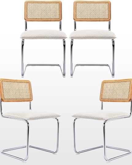 Zesthouse Rattan Dining Chairs Set of 4, Upholstered Boucle Kitchen Chairs, Mid Century Modern Breuer Designed Chairs, Armless Accent Chairs with Natural Cane Back & Stainless Chrome Base - LeafyLoom