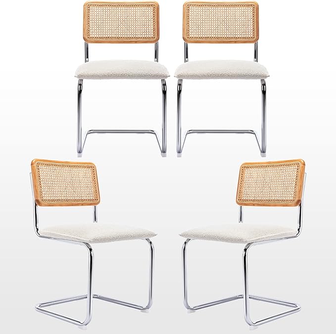 Zesthouse Rattan Dining Chairs Set of 4, Upholstered Boucle Kitchen Chairs, Mid Century Modern Breuer Designed Chairs, Armless Accent Chairs with Natural Cane Back & Stainless Chrome Base - LeafyLoom