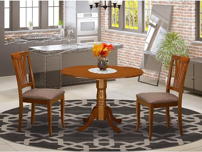 East West Furniture DLAV3-SBR-C 3 Piece Dining Room Table Set Contains a Round Dining Table with Dropleaf and 2 Linen Fabric Upholstered Chairs, 42x42 Inch, Saddle Brown - LeafyLoom