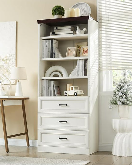 72" Tall Bookshlef with 3 Drawers, Farmhouse 4-Tier Bookcase with Adjustable Shlef, Wooden Storage Cabinet for Living Room, Kitchen, Home Office, Dining Room, White - LeafyLoom