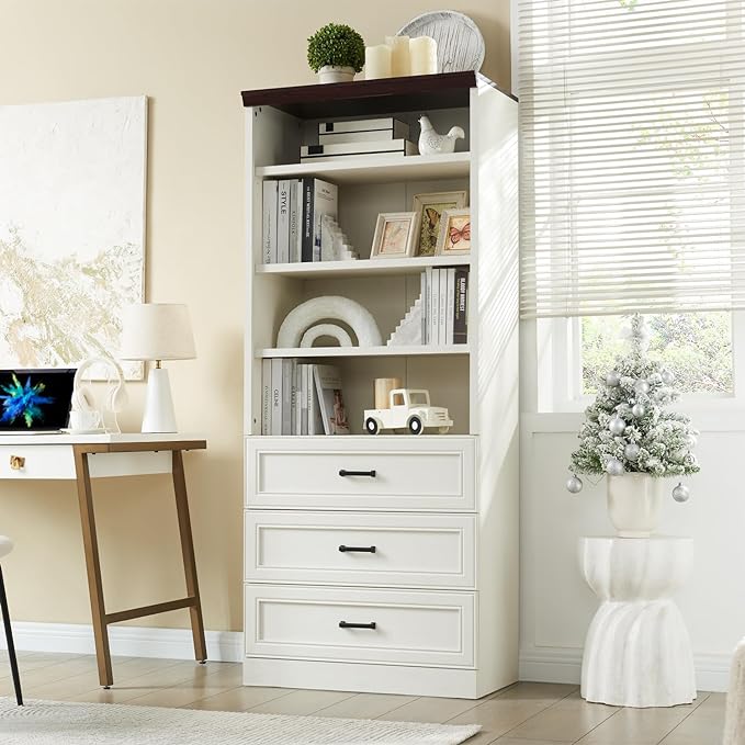 72" Tall Bookshlef with 3 Drawers, Farmhouse 4-Tier Bookcase with Adjustable Shlef, Wooden Storage Cabinet for Living Room, Kitchen, Home Office, Dining Room, White - LeafyLoom