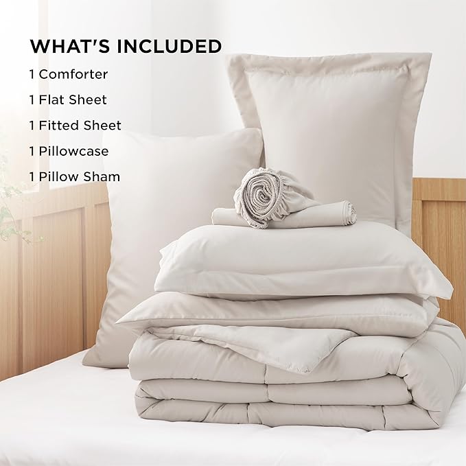 Bedsure Beige Twin Comforter Set - 5 Pieces Solid Twin Bed in a Bag, Twin Bed Set Beige with Quilted Warm Fluffy Comforters, Sheets, Pillowcase & Sham - LeafyLoom
