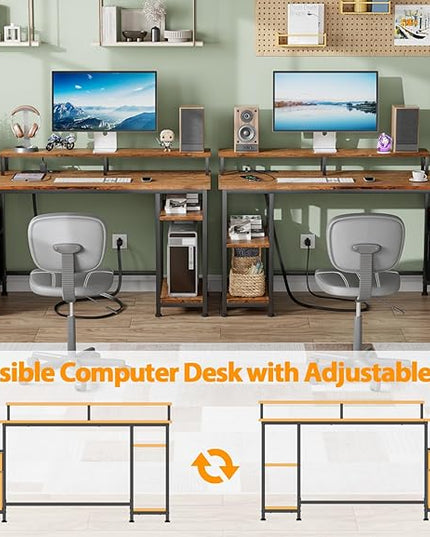 Furologee 61" Computer Desk with Power Outlet and USB Ports, Large Desk with Shelves and Drawer, Writing Study Desk with Fabric File Cabinet and Long Monitor Stand, Gaming Desk for Home Office - LeafyLoom