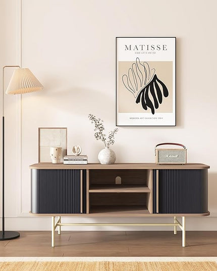 roomfitters Sideboard Buffet Cabinet with Sliding Doors, Mid Century Modern Credenza with 2 Tambour Doors, Minimalist Accent Storage Cabinet for Living Room, Media Console with Storage, Walnut Black - LeafyLoom