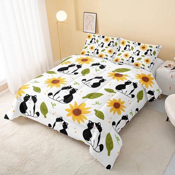 Kawaii Cat Comforter Full Size,Sunflower Cat Comforter Set for Kids Teens Girls Boys,3Pcs Bedding Set Printed Comforter with 2 Pillowcases,Down Alternative,Soft and Lightweight，Full Size - LeafyLoom