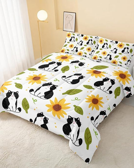 Kawaii Cat Comforter Twin Size,Sunflower Cat Comforter Set for Kids Teens Girls Boys,3Pcs Bedding Set Printed Comforter with 2 Pillowcases,Down Alternative,Soft and Lightweight，Twin Size - LeafyLoom