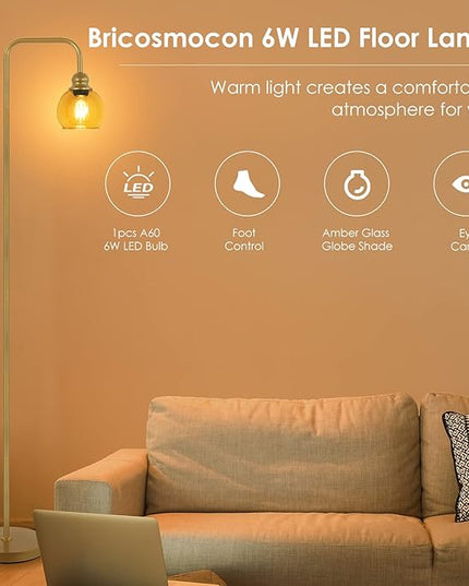 Modern Floor Lamp for Living Room with 6W LED Bulb, Industrial Floor Lamp, Amber Glass, Classic Reading Tall Lamp for Home Office, Standing Lamp for Study, Minimalist, Vintage, Mid Century, Brass Gold - LeafyLoom