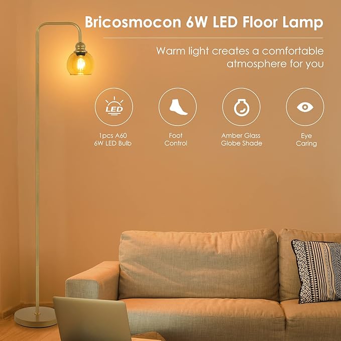 Modern Floor Lamp for Living Room with 6W LED Bulb, Industrial Floor Lamp, Amber Glass, Classic Reading Tall Lamp for Home Office, Standing Lamp for Study, Minimalist, Vintage, Mid Century, Brass Gold - LeafyLoom