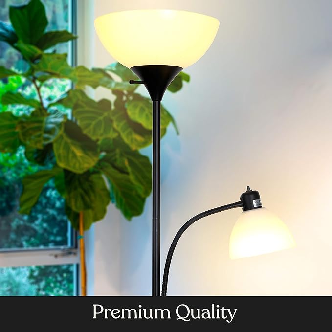 Brightech Sky Dome Plus LED Floor lamp, Torchiere Super Bright Floor Lamp with Reading Lamp for Living Rooms & Offices - Dimmable Tall Standing Lamp for Bedroom Reading - Black - LeafyLoom