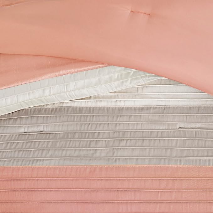 Madison Park Amherst Faux Silk Comforter Set - Casual Contemporary Design, All Season Down Alternative Bedding, Matching Shams, Bedskirt, Decorative Pillows, Cal King(104"x92"), Coral 7 Piece - LeafyLoom