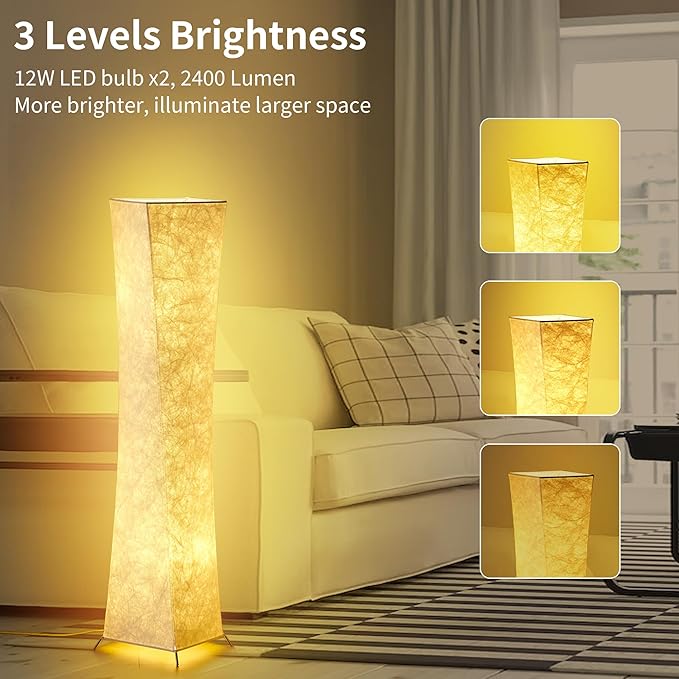chiphy Floor Lamp, Dimmable 52" (M) Tall Standing Lamp, 3 Levels Adjustable Brightness 12Wx2 LED Bulbs, Column Floor Light w/White Fabric Shade, Home Decor for Living Room, Bedroom - LeafyLoom
