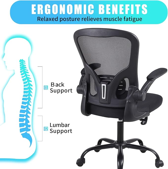 Ergonomic Office Desk Chair Breathable Mesh Swivel Computer Chair, Lumbar Back Support Task Chair, Office Chairs with Wheels and Flip-up Arms,Executive Rolling Chair - LeafyLoom