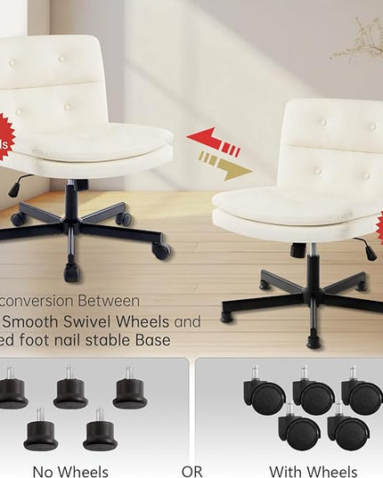 PU Criss Cross Armless Home Office Chair with Replaceable Wheels/Fixed Base and Lumbar Support for Living Room, Wide Seat Adjustable Legged Swivel Chair, Comfy Computer Chair for Vanity, White - LeafyLoom