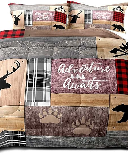 LUVIVIHOME 3PCS Cabin Comforter Set King Size, Rustic Farmhouse Bedding, Black Bear Deer Elk Moose Forest Animal Wildlife Hunting Country Brown Patchwork White Red Plaid Lodge Quilt, 2 Pillow Shams - LeafyLoom