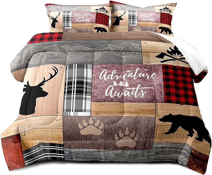 LUVIVIHOME 3PCS Cabin Comforter Set King Size, Rustic Farmhouse Bedding, Black Bear Deer Elk Moose Forest Animal Wildlife Hunting Country Brown Patchwork White Red Plaid Lodge Quilt, 2 Pillow Shams - LeafyLoom