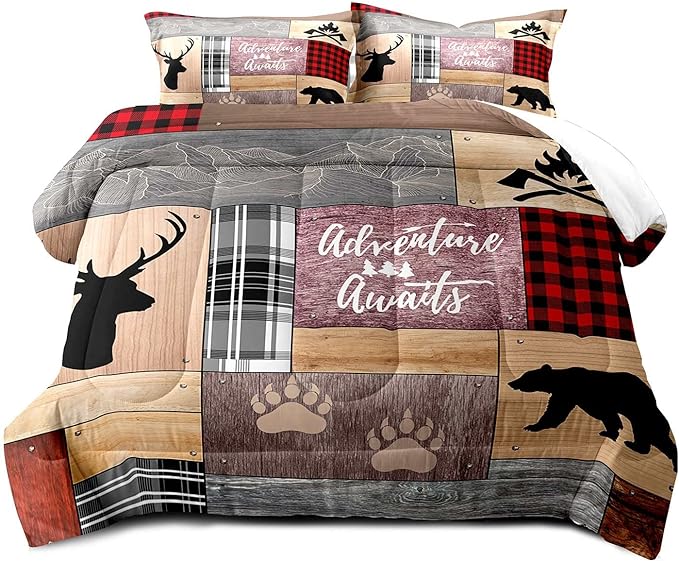 LUVIVIHOME 3PCS Rustic Cabin Comforter Set Full Size, Farmhouse Bedding, Black Bear Deer Elk Moose Forest Animal Wildlife Hunting Country Brown Patchwork White Red Plaid Lodge Quilt, 2 Pillow Shams - LeafyLoom