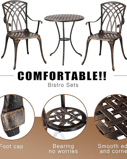 Bistro Set 3 Piece Rustproof Cast Aluminum Patio Furniture Sets Round Table with Umbrella Hole for Outdoor, Patio, Balcony, Bronze - LeafyLoom