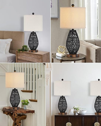 Touch Control Rattan Table Lamps, 3 Way Dimmable Bedside Lamps for Bedroom Set of 2 with 2 USB Ports and AC Outlet, Black Wicker Nightstand Lamps for Living Room (LED Bulbs Included) - LeafyLoom