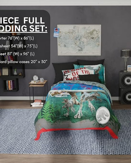 Franco Kids Bedding Super Soft Comforter and Sheet Set, 5 Piece Full Size, Jurassic World Dominion - LeafyLoom