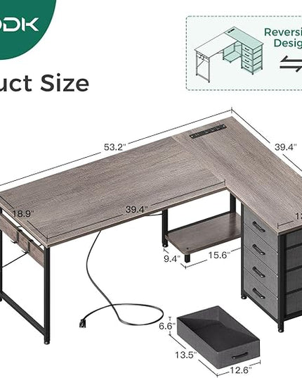 AODK L Shaped Desk with 4 Tier Drawers, 53" Reversible Gaming Desk with Power Outlets, L Shaped Computer Desk with USB Charging Port and Host Stand, Home Office Corner Desk, Easy to Assemble, Grey Oak - LeafyLoom
