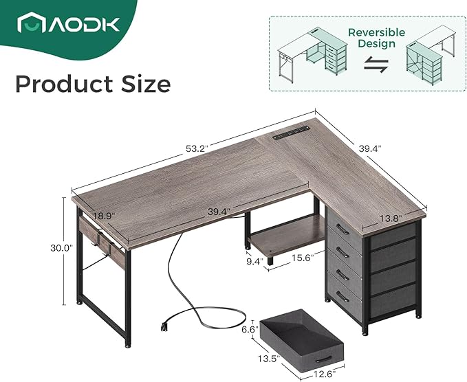 AODK L Shaped Desk with 4 Tier Drawers, 53" Reversible Gaming Desk with Power Outlets, L Shaped Computer Desk with USB Charging Port and Host Stand, Home Office Corner Desk, Easy to Assemble, Grey Oak - LeafyLoom