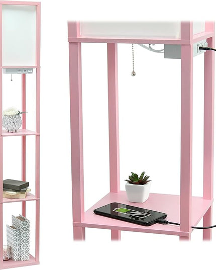 Simple Designs LF1037-LPK-LB Three Shelf Etagere Organizer Storage Floor Lamp with 2 Dual USB Ports and Charging Outlet, Light Pink, with Feit LED Bulb Included - LeafyLoom